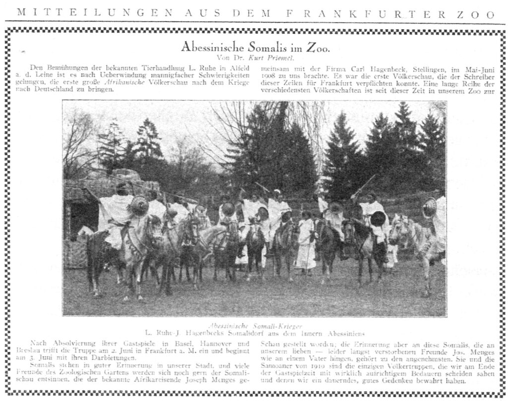 Abisyńscy Somalijczycy w zoo - zdjęcie tekstu z „Mitteilungen aus dem Frankfurter Zoo” z 1926 r. Ostatnią ekspozycję z pokazem rdzennych mieszkańców Afryki zorganizowano w Belgii w 1958 r. (fot. domena publiczna)